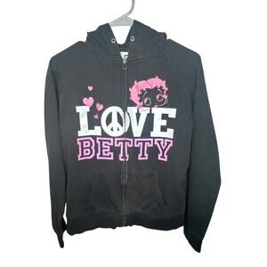 Betty Boop Hoodie Girls 16/17 Gray Peace Love Zip-Up Vintage Double Sided